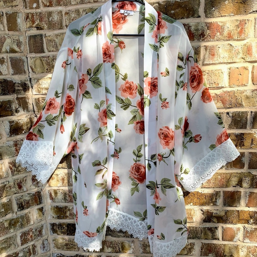 Floral Kimono Cardigan with Lace Trim